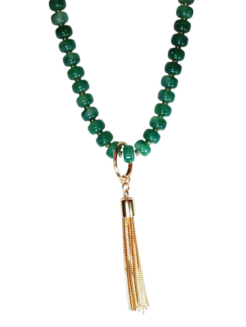 Green Beaded Necklace Gold Tassel Pendant Boho Chic Eclectic Grandpa Resortwear